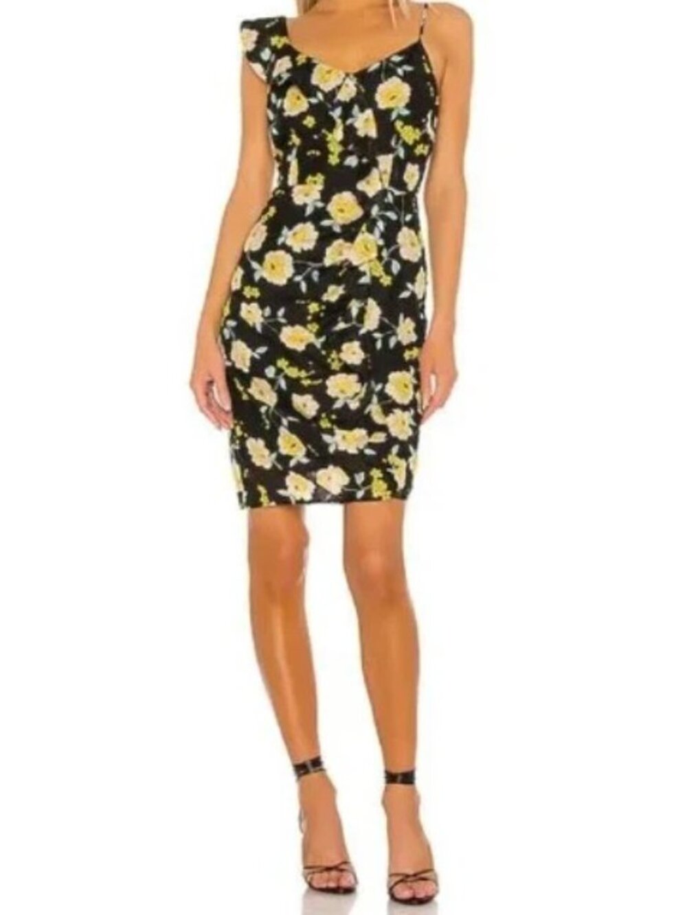 Cupcakes & Cashmere Black Midi Dress with Yellow Floral Print Size 4